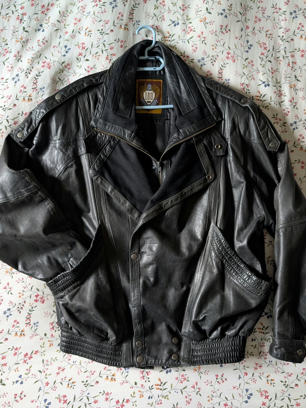 Authentic vintage I.O.U. Leather Collection black leather aviator/moto jacket.